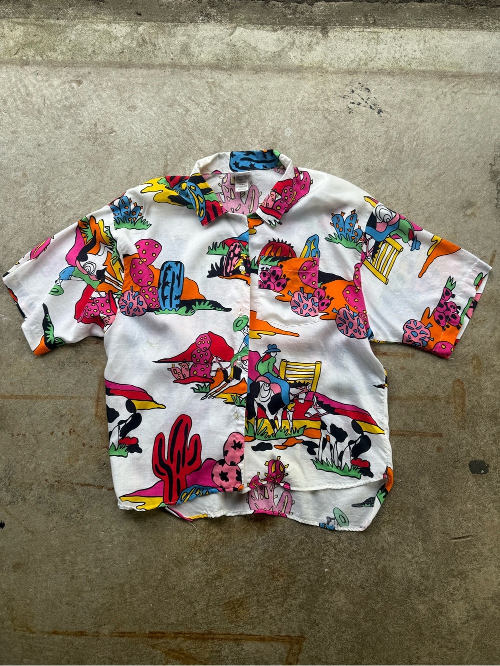 Men’s White Short-Sleeve Button-Up Shirt with Colorful Cartoon Print Rodeo Horse